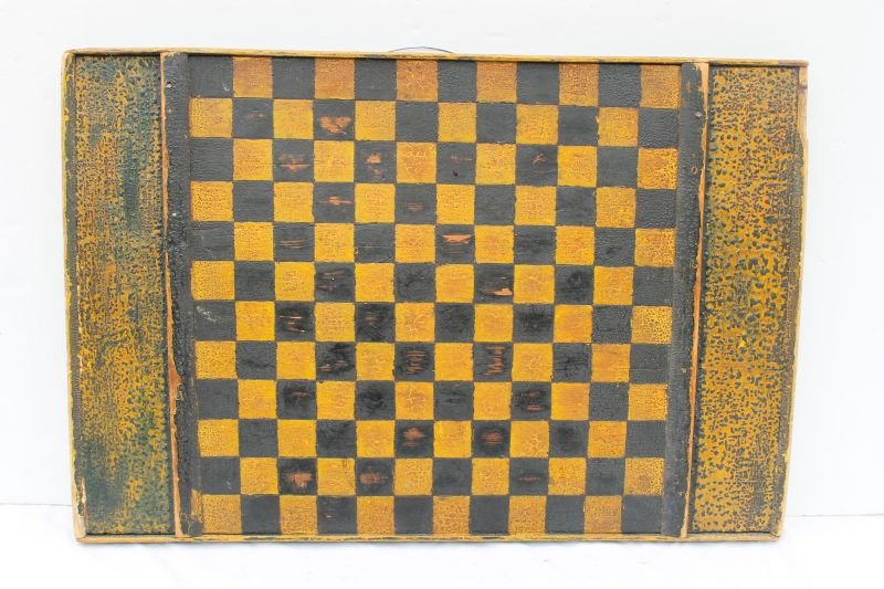 lot of 2 antique American checkerboards w applied: lot of 2 antique American checkerboards w applied frames & side trays in orig paint & surfaces - 26" x 17 1/2" & 26" x 18 1/2"