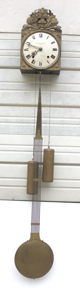 French ca 1830 pendulum clock w brass works sgnd Bailly: French ca 1830 pendulum clock w brass works sgnd Bailly Lyre - orig pendulum & weights - half hour strike - was working in the house - 56" tall