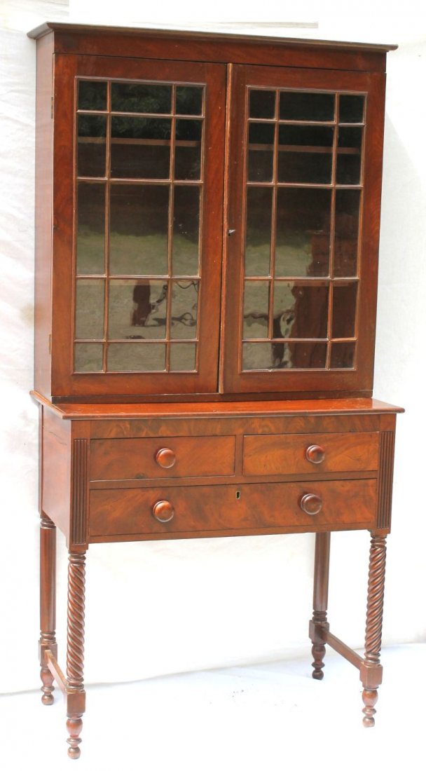 fine ca 1825 late Sheraton period mahog 2 pc secretary: fine ca 1825 late Sheraton period mahog 2 pc secretary featuring mullioned glass dbl door upper section & 2 drawer over 1 drawer lower section on rope turned legs - 69" tall x 35" wide x 17 1/2" deep 