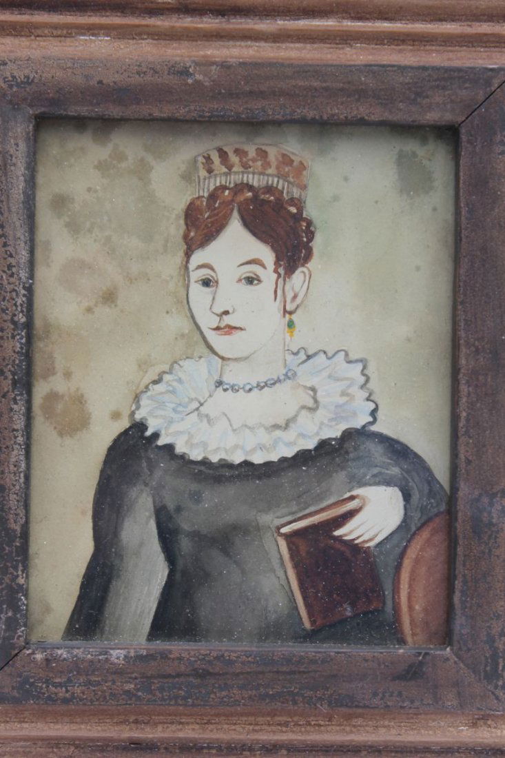 ca 1820 5 1/4" x 4 1/2" w/c portrait of a woman w: ca 1820 5 1/4" x 4 1/2" w/c portrait of a woman w tortoise shell hair comb & ruffled collar holding a book in one hand in old frame