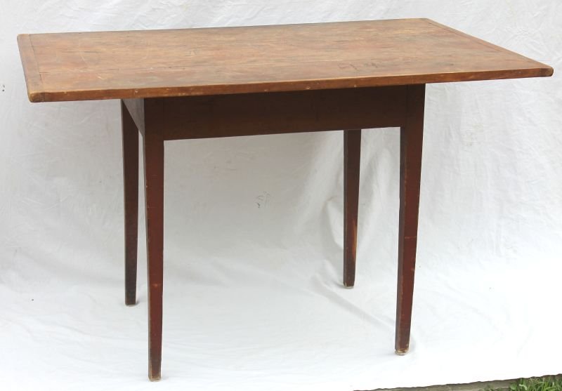 excellent ca 1780 New England pine & maple 2 bd scrub: excellent ca 1780 New England pine & maple 2 bd scrub top tavern table w breadboard ends featuring great overhang, pinned maple legs & pine apron in dry old red paint & patina surfaces - 44 1/4" wide 