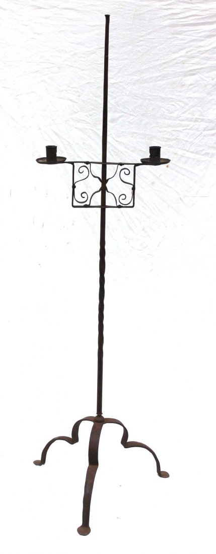 early 19thC wrought iron floor standing dbl arm candle: early 19thC wrought iron floor standing dbl arm candle standard - 57" tall