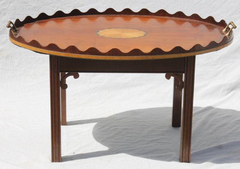 wonderful & very large antique mahog scallop bordered 2: wonderful & very large antique mahog scallop bordered 2 handled butler's tray w pinwheel inlaid central cartouche on fitted Chippendale stand - 35" x 24" tray x 20" tall