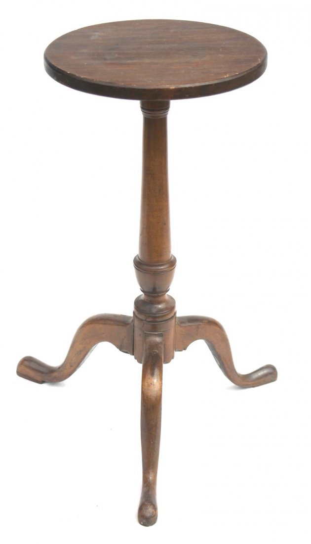 ca 1760-1780 fine form North Shore, MA maple snake ft: ca 1760-1780 fine form North Shore, MA maple snake ft candlestand w excellent carved legs ending in pad feet