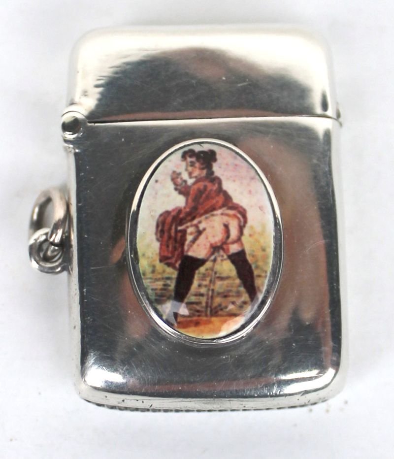 wonderful 1 1/4" antique sterling silver match safe w: wonderful 1 1/4" antique sterling silver match safe w enamel erotic oval panel depicting a woman w raised skirts peeing
