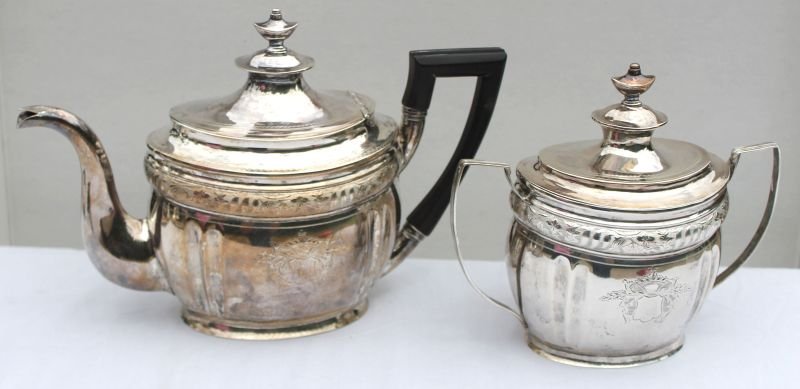 ca 1830's coin silver matching pattern teapot & covered: ca 1830's coin silver matching pattern teapot & covered sugar bowl by W. G. Forbes - total weight is approx 34ozt incl ebony wood handle on the teapot