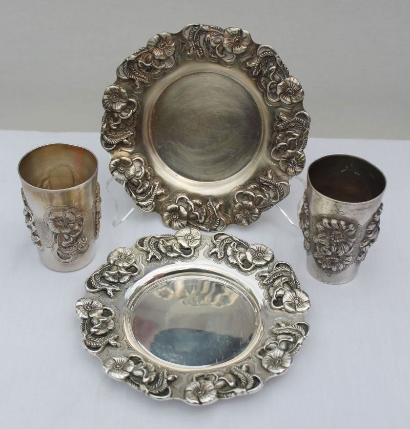 lot of 4 pcs of sterling incl two 7 1/4" Kiddush: lot of 4 pcs of sterling incl two 7 1/4" Kiddush coasters & a 3 3/4" Kiddush goblet repousee dec by Hazorfim & another 3 3/4" goblet - total weight is approx 34 ozt