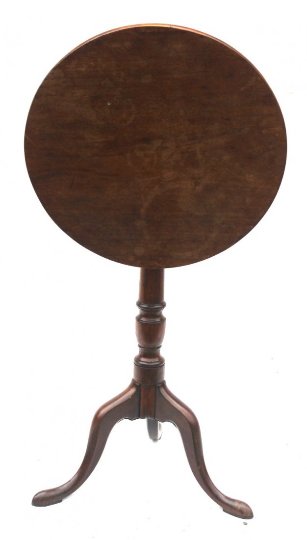 Fine ca 1760 QA mahog tilt top candlestand on very nice: Fine ca 1760 QA mahog tilt top candlestand on very nice slipper feet - 29" tall - 20" diam round top