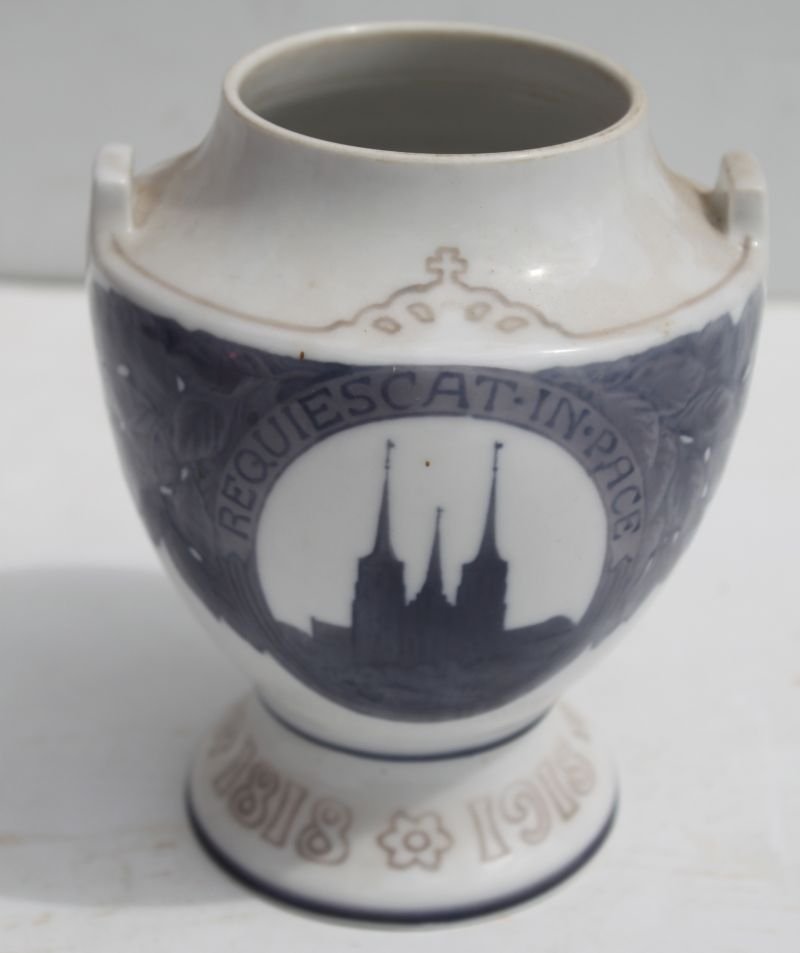 sgnd Royal Copenhagen 2 handled 6" tall commemorative: sgnd Royal Copenhagen 2 handled 6" tall commemorative urn w hand painted figural & scenic dec - April 1818-1918