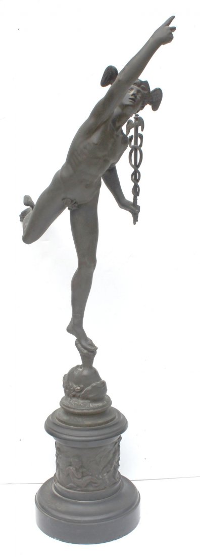 ca 1880's Grand Tour bronze sculpture of winged Mercury: ca 1880's Grand Tour bronze sculpture of winged Mercury w caduceus in hand standing on the face of a wind blower on slate plinth w bronze banded putti in relief - 36" tall - Powerful form