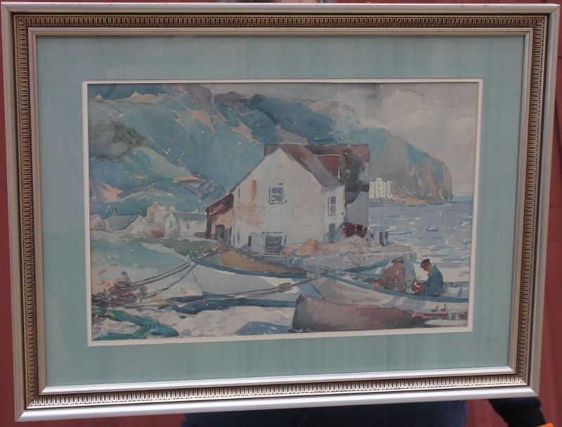 Jane Peterson (1876-1965) 12 1/2" x 19" (sight size): Jane Peterson (1876-1965) 12 1/2" x 19" (sight size) w/c dock side scene - framed & matted - fresh out of a Hampden, MA estate