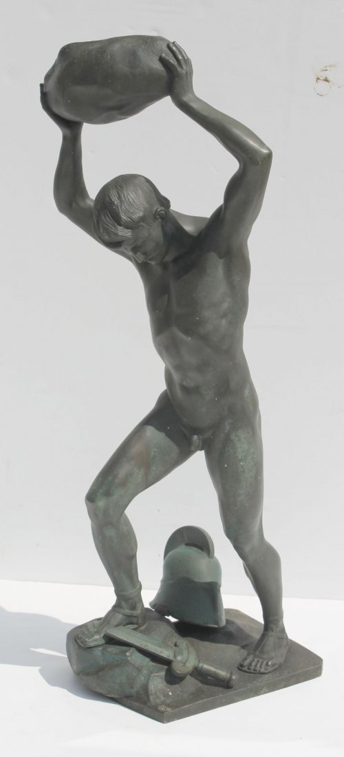 sgnd Otto Schmidt Hofer (1873-1925) bronze sculpture of: sgnd Otto Schmidt Hofer (1873-1925) bronze sculpture of a nude male holding a rock in two hands over his head - 23 1/4" tall