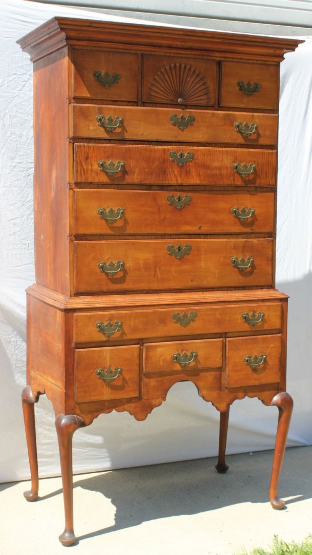 period QA ca 1750's MA maple & tiger maple fan carved: period QA ca 1750's MA maple & tiger maple fan carved flat top highboy in all orig structural condition - 34 3/4" top case width - 37 3/4" bottom case width - 76" tall