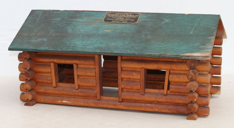 antique "Pioneer Log Cabin Co. Manf" showroom floor log: antique "Pioneer Log Cabin Co. Manf" showroom floor log cabin sample - 10" tall x 21 1/2" wide x 12" deep