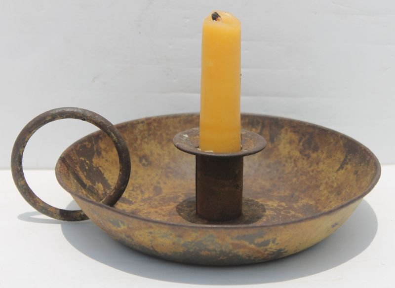 ca 1850 New England rare chrome yellow painted rolled: ca 1850 New England rare chrome yellow painted rolled sheet tin saucer base candle holder w large carrying handle ring - dry untouched orig condition - 6 3/4" diam