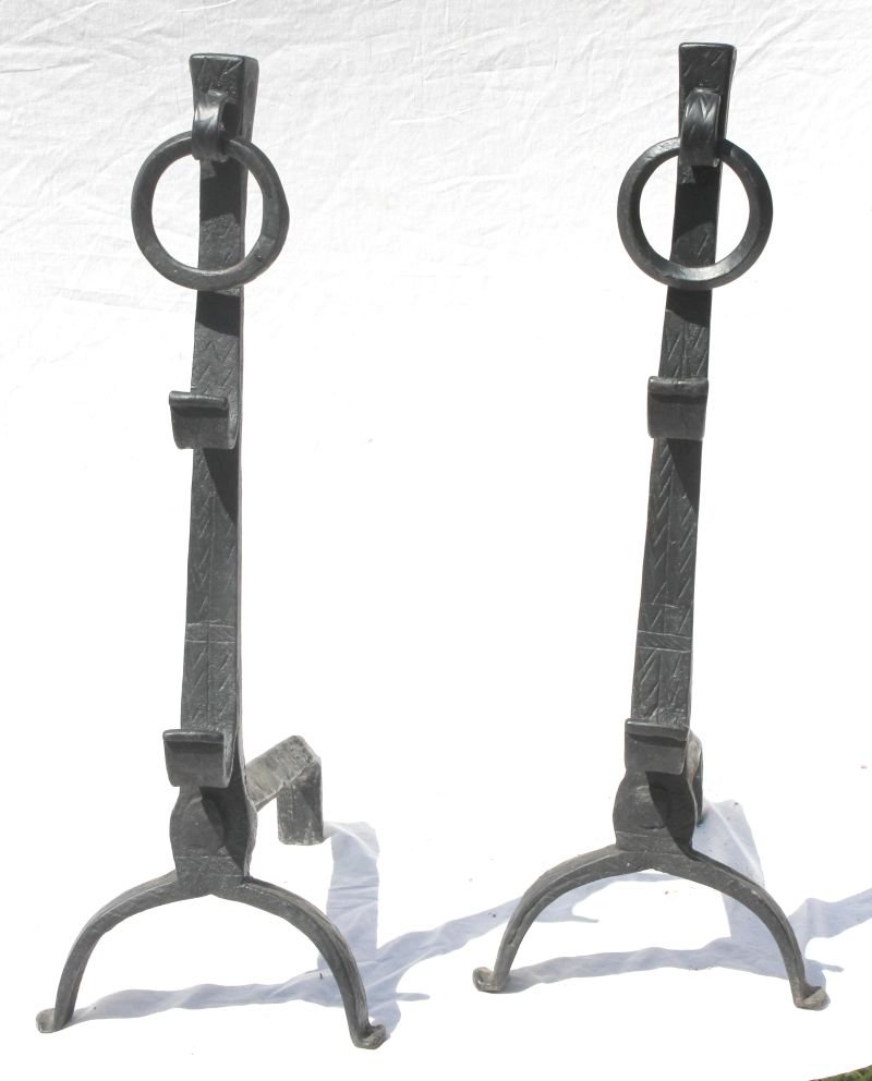 pr of early ca 1700-1730 large wrought iron andirons w: pr of early ca 1700-1730 large wrought iron andirons w spit holders & rare engraved dec - 28 1/2" tall