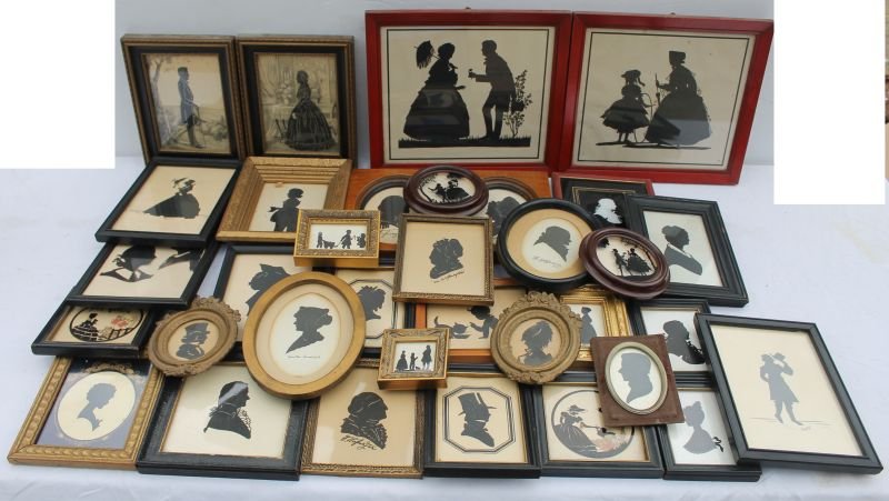 lot of 34 silhouettes from 1860-1980 incl hollowcuts,: lot of 34 silhouettes from 1860-1980 incl hollowcuts, cut & paste & reverse painting on glass