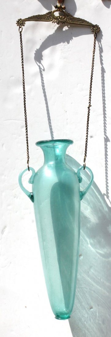 19thC "amphora" apothecary 2 handled blown green glass: 19thC "amphora" apothecary 2 handled blown green glass bottle w brass hanger - 18" tall - Note: "Amphora" shaped bottles were often used for marine transport