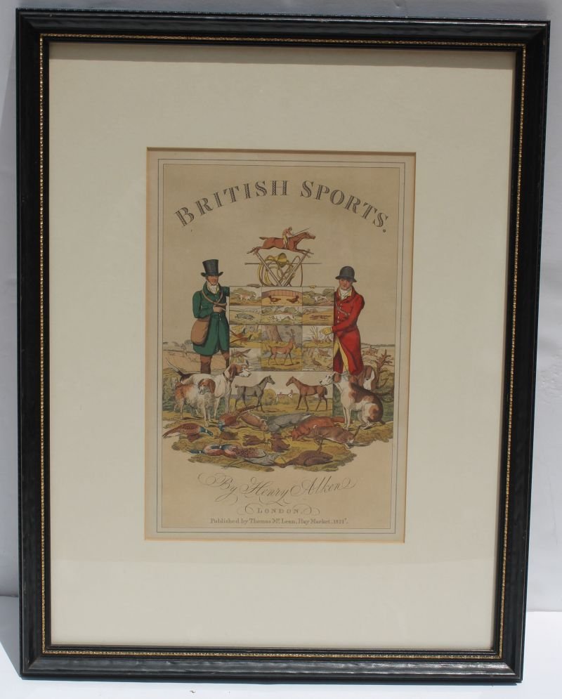 lot of 5 ca 1820 Henry Alken hand colored British: lot of 5 ca 1820 Henry Alken hand colored British sporting prints - all framed &/or framed & matted - titles incl "Cock Fighting" (2), "Racing", "Flacker Shooting" & "British Sports" (portfolio cover)