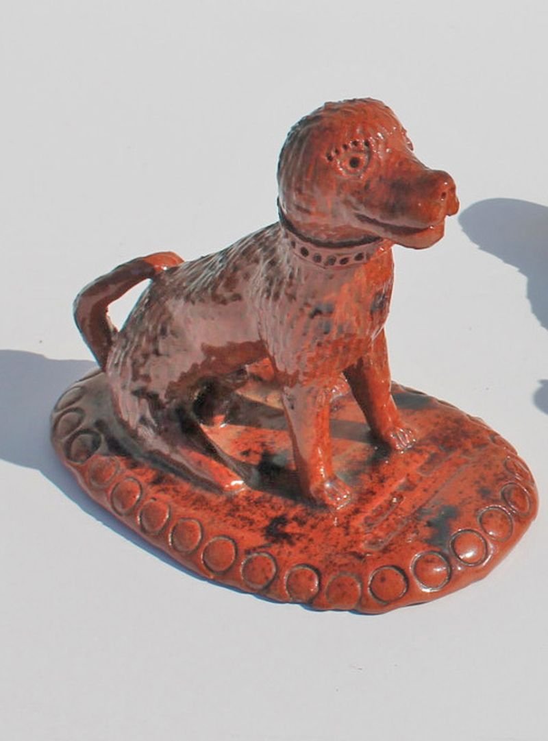 Excellent sgnd John Bell (Waynesboro, PA) 19thC redware: Excellent sgnd John Bell (Waynesboro, PA) 19thC redware pottery dog figure - 3 3/4" tall x 4 1/4" long - Bradford Collection