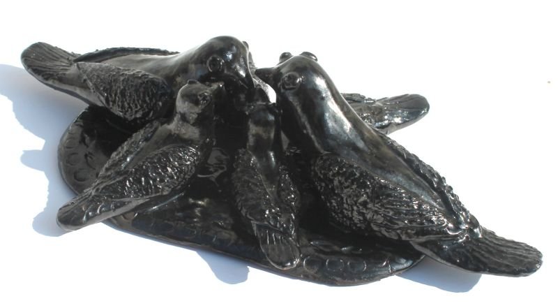 fine unsgnd John Bell (Waynesboro, PA) 19thC redware: fine unsgnd John Bell (Waynesboro, PA) 19thC redware pottery sculpture depicting 6 birds (mother & father & 4 baby birds) in orig black paint - 11" long x 2 1/2" tall - Bradford Collection