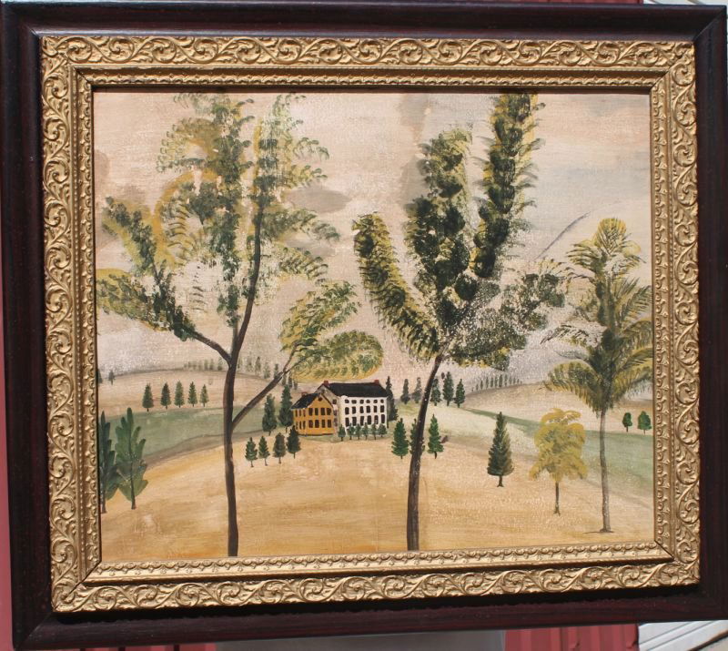 19thC 20"x24" o/panel primitive landscape in the manner: 19thC 20"x24" o/panel primitive landscape in the manner of Rufus Porter