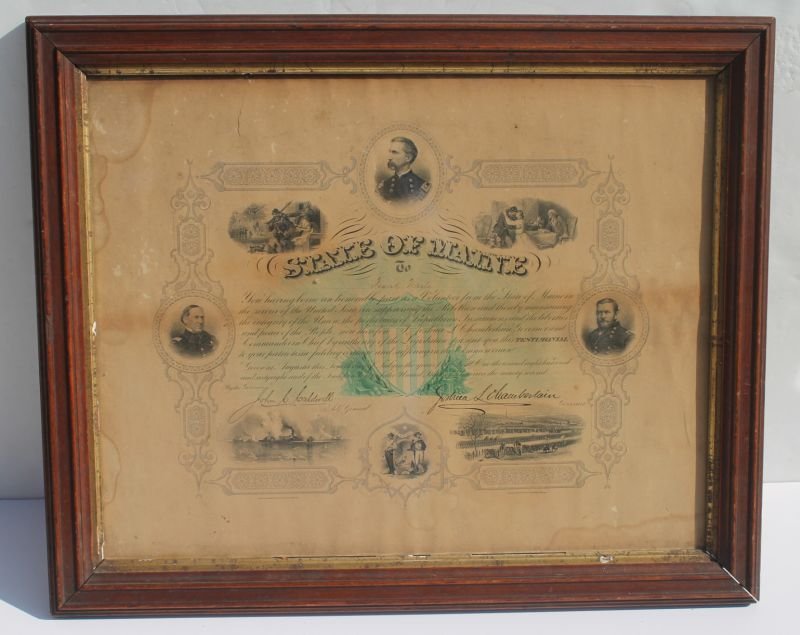 Post Civil War era dated 1868 State of Maine War: Post Civil War era dated 1868 State of Maine War Service testimonial to Frank White under Adj. General John C. Caldwell & Governor Joshua S. Chamberlain - framed - 14"x18" image size