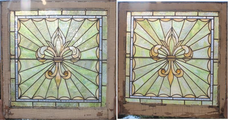 fine pair of antique stained/leaded glass windows with: fine pair of antique stained/leaded glass windows with fleur-de-lis in matching frames -29"x28"