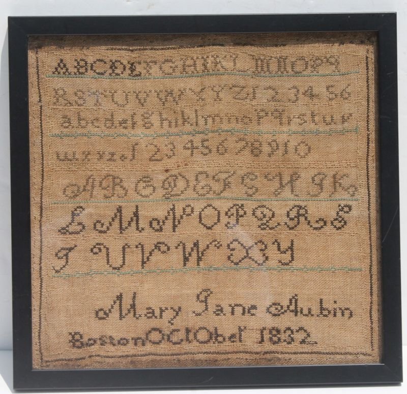 dated October, 1832 Boston alphabet & numberical: dated October, 1832 Boston alphabet & numberical sampler by Mary Jane Aubin of Boston, MA - 11 1/4" x 11 3/4" overall framed size