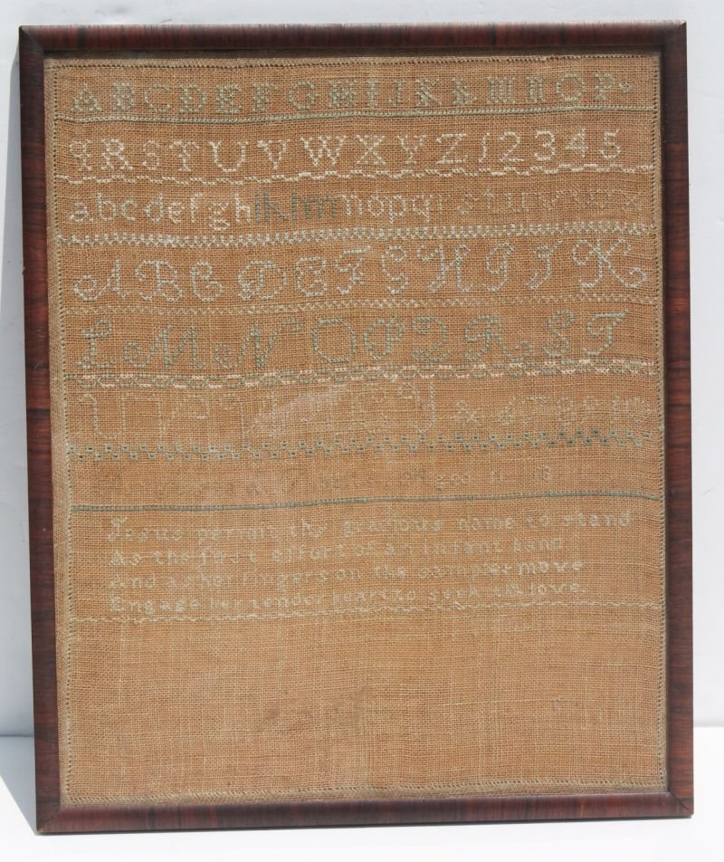 ca 1835 needlework sampler by Augusta L Tibbets of: ca 1835 needlework sampler by Augusta L Tibbets of Durham, NH w identifying geneology on verso - 16"x13"