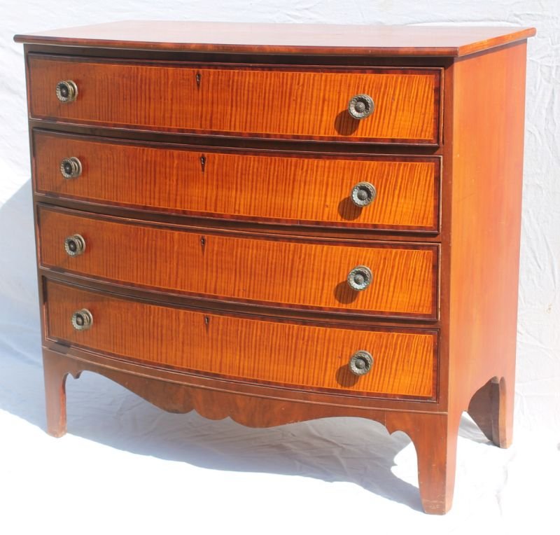 period Hepplewhite New England tiger maple 4 drawer: period Hepplewhite New England tiger maple 4 drawer bowfront chest - 41 1/2" case width