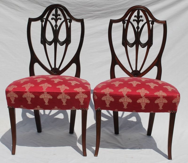 rare pr of NYC period Hepplewhite ca 1800-1810 mahog: rare pr of NYC period Hepplewhite ca 1800-1810 mahog shield back sidechairs featuring the best carving & very nice brocade upholstered seats - 39" tall
