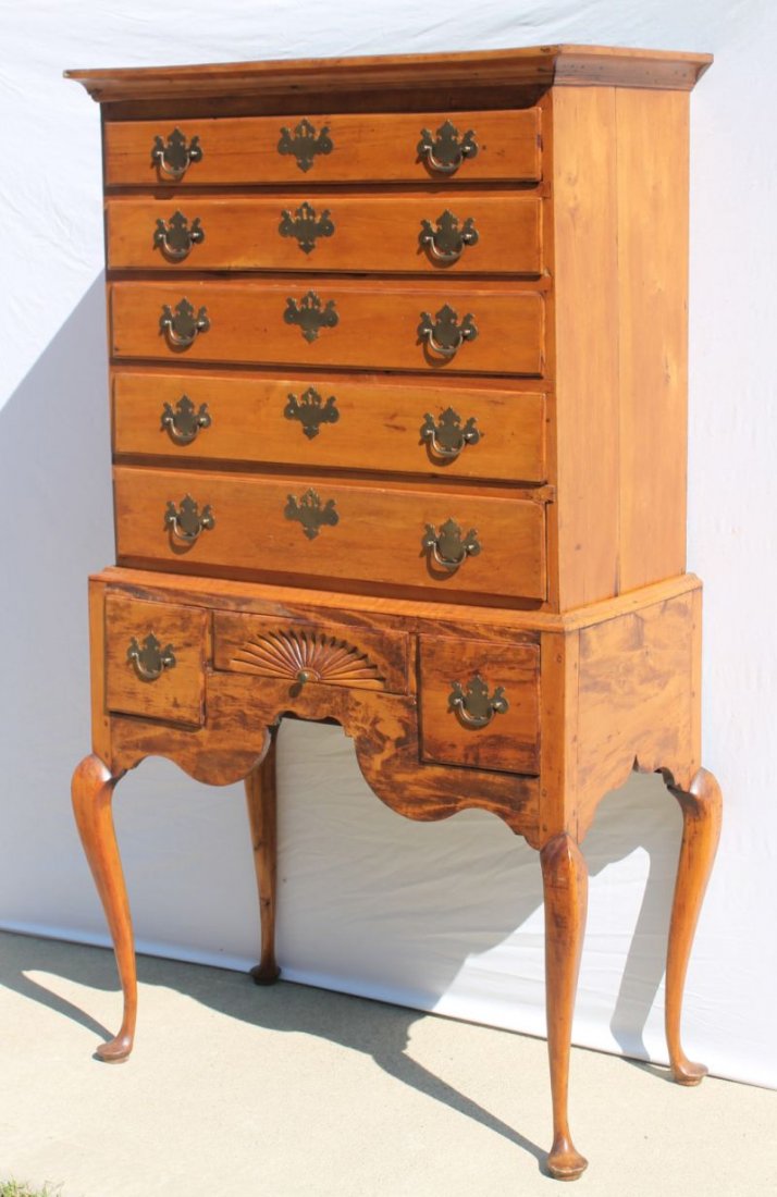 desirably diminutive period QA ca 1740-1760 CT cherry: desirably diminutive period QA ca 1740-1760 CT cherry highboy w fan carved door on graceful cabriole legs ending in full pad feet - 66" tall x 33 3/4" case width top x 36" case width bottom