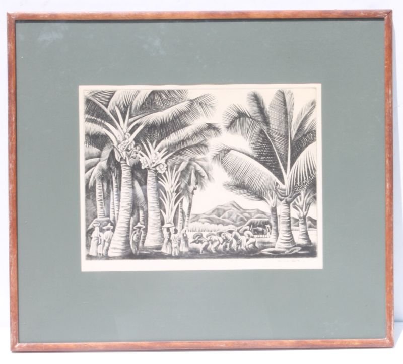 Fine pencil sgnd Howard Norton Cook (1901-1980) 8 1/2": Fine pencil sgnd Howard Norton Cook (1901-1980) 8 1/2" x 11" black & white etching probable Caribbean Island scene w coconut palm trees, mountains & many natives in orig frame & mat dtd 1930