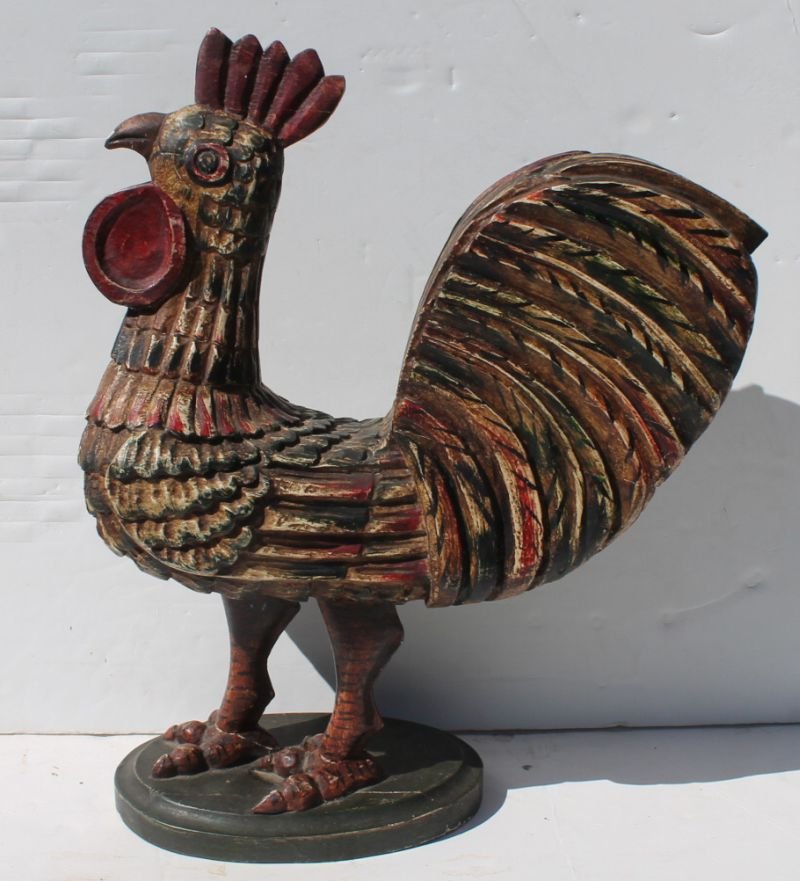 State of Maine late 19thC great robustly carved pine: State of Maine late 19thC great robustly carved pine full bodied rooster w vibrant orig polychrome paint over gesso base coat - 21 1/2" tall