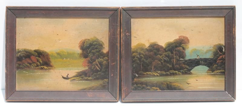 pr of small 7"x9" 19thC o/bd Hudson River School: pr of small 7"x9" 19thC o/bd Hudson River School landscapes w figures