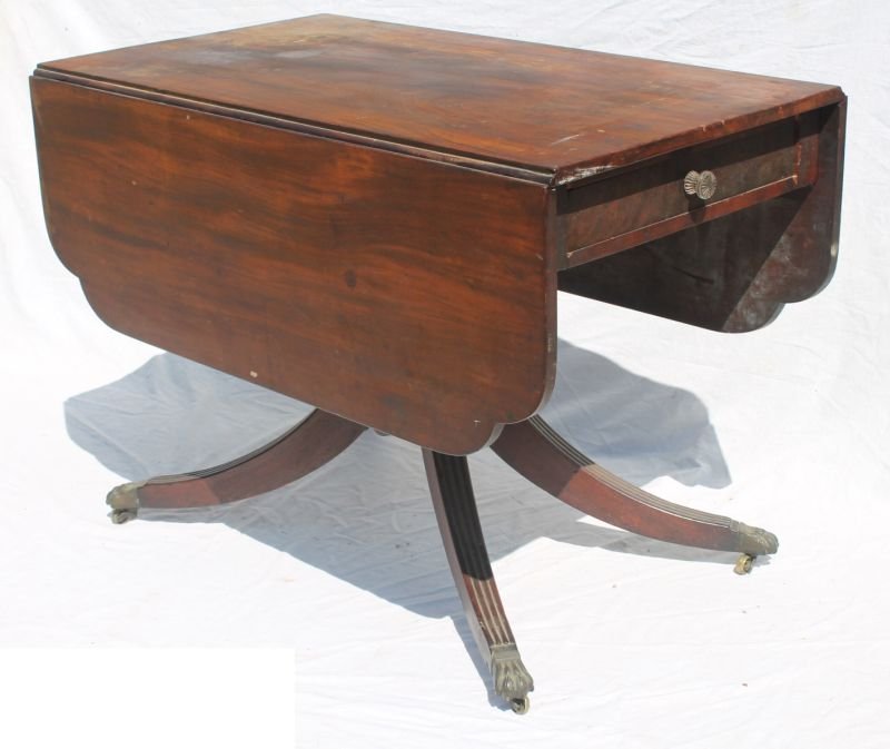 very high quality Classical carved mahog Duncan Phyfe: very high quality Classical carved mahog Duncan Phyfe School NYC library table w orig finish, casters & Sandwich glass knobs - in old surface - as found - 40 1/4" long