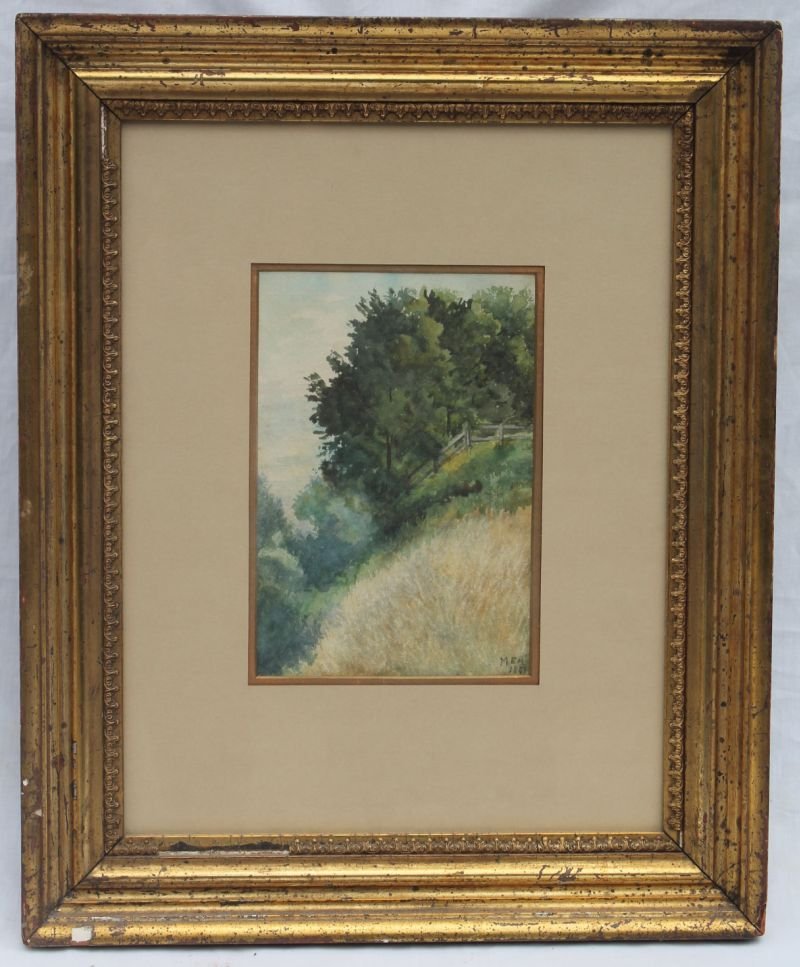 sgnd MEA & dated 1867 9 3/4" x 6 1/2" sight size w/c: sgnd MEA & dated 1867 9 3/4" x 6 1/2" sight size w/c landscape w post & rail fence in a very pretty lemon gilt vintage frame
