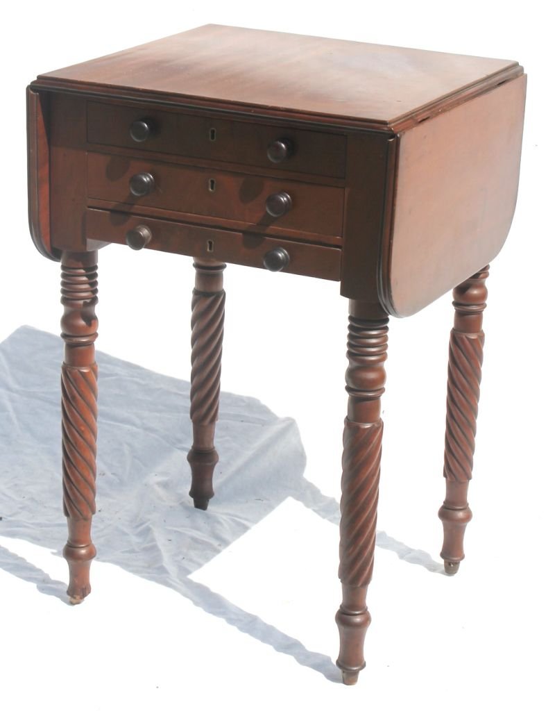 period Sheraton ca 1800-1820 Boston carved mahog 2: period Sheraton ca 1800-1820 Boston carved mahog 2 drawer dropleaf rope leg ladies sewing stand w bagslide