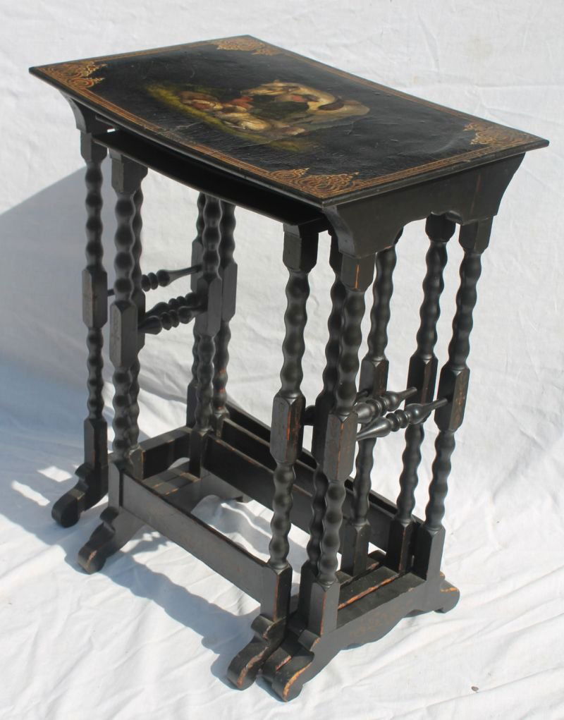 nest of 3 early 19thC stacking tables w papier mache: nest of 3 early 19thC stacking tables w papier mache tops & ebonized wooden bases featuring great hand painted hunting scenes of hunter, horse & hunting dogs - 29" tall x 22 3/4" wide x 15 1/2" deep