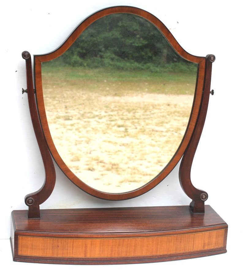 Beautiful Hepplewhite style custom mahog & tiger maple: Beautiful Hepplewhite style custom mahog & tiger maple inlaid shield back bow front dresser mirror - 26" tall x 23" wide