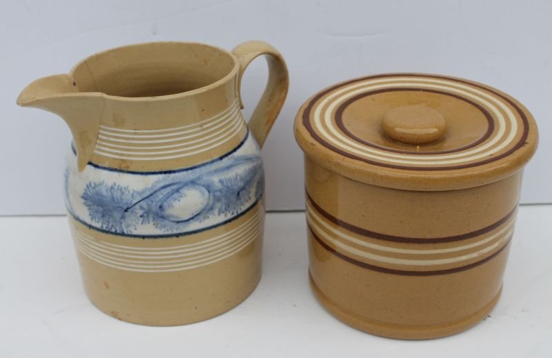 2 pcs ca 1840's yelloware incl 6" mocha pitcher & 4: 2 pcs ca 1840's yelloware incl 6" mocha pitcher & 4 3/4" covered butter crock - both w imperfections
