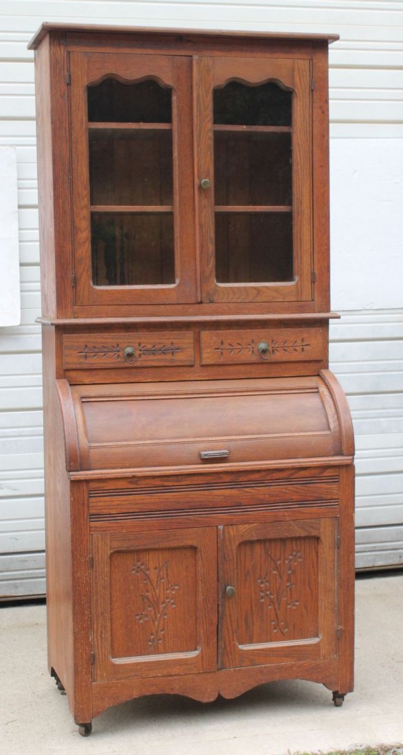 Vict carved oak cylinder secretary desk - 85" tall x: Vict carved oak cylinder secretary desk - 85" tall x 36" wide x 20 1/2" deep