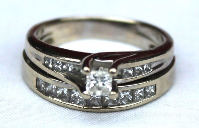 Beautiful 14k white gold wedding set w square cut: Beautiful 14k white gold wedding set w square cut diamond ring & channel set diamond band