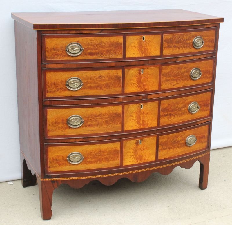 spectacular period Federal ca 1790-1810 12 panel mahog: spectacular period Federal ca 1790-1810 12 panel mahog 4 dr bowfront chest on high bracket base. The panels are flame birch veneered & the condition is exquisite - 38 1/4" case width