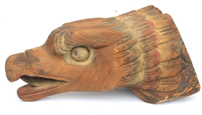 wonderful wooden carved ship's eagle billet head w: wonderful wooden carved ship's eagle billet head w traces of red, blue, black, yellow, etc paint - 24" long
