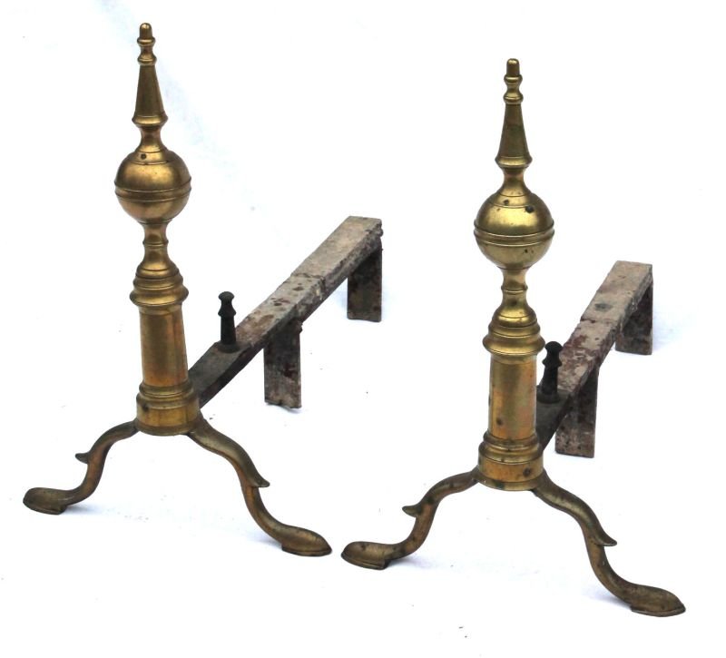 pr of 18thC brass steeple top andirons - 16" tall: pr of 18thC brass steeple top andirons - 16" tall