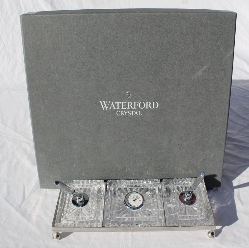 Orig boxed Waterford cut crystal 3 pc desk set: Orig boxed Waterford cut crystal 3 pc desk set featuring clock, 2 pen holders w orig sgnd Waterford pens & holder for all 3 pcs