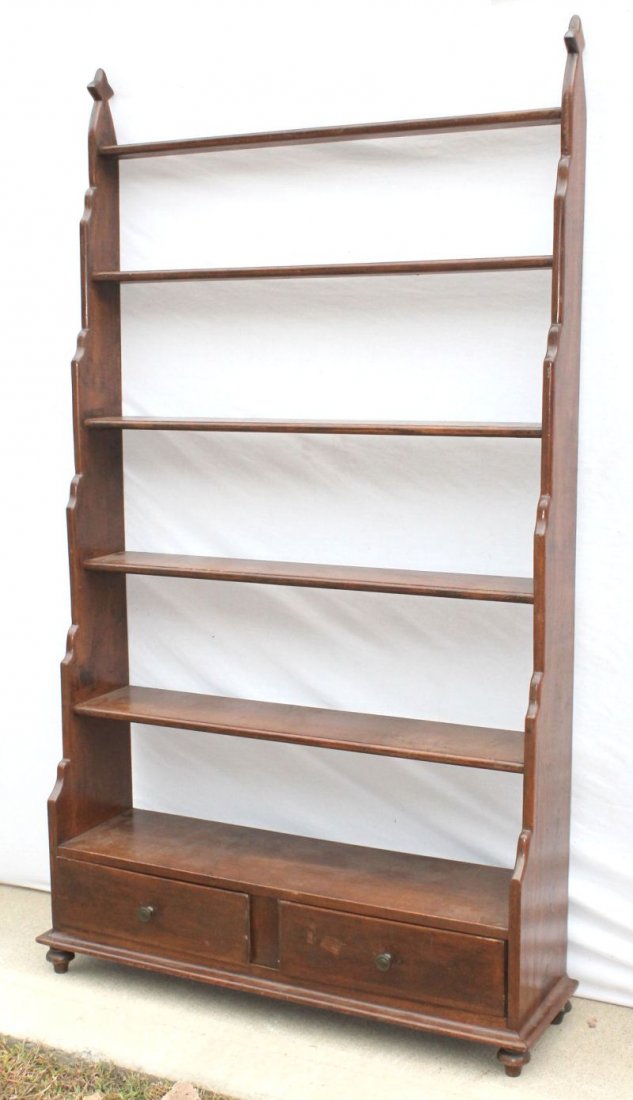 mid 19thC carved walnut large floor standing stepped: mid 19thC carved walnut large floor standing stepped back bookshelves on turnip feet featuring 2 lower drawers & shaped sides - 73" tall x 40" wide x 12" at the deepest