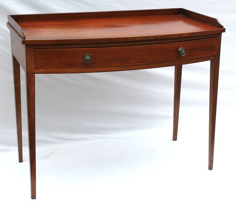 period Hepplewhite ca 1800 swell front 1 drawer mahog: period Hepplewhite ca 1800 swell front 1 drawer mahog inlaid serving table w gallery & period hardware - 39" wide x 21" deep x 31 1/2" tall